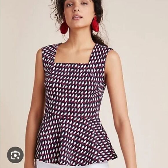 ERI + ALI RED WHITE & BLUE DESIGN PRINT SLEEVELESS SQUARE NECK PEPLUM TOP XS - Picture 1 of 9